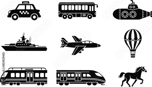 Silhouette icons of transportation vehicles, taxi, train, airplane, ship, hot air balloon, horse, vector set for global design