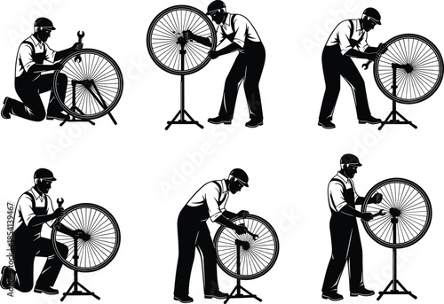 Silhouette of bicycle repair, wheel maintenance, black illustration, mechanic in overalls, wrench tool, bike stand, cycling fix, hands-on work