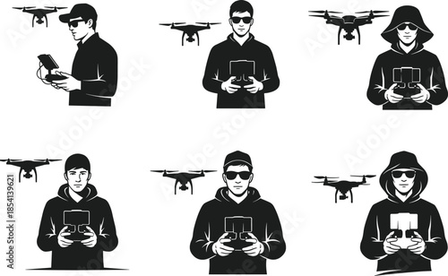 Silhouette of drone operators, remote control pilots, black illustration, flying drones, technology users, outdoor activity, modern gear, hoodie, cap, sunglasses