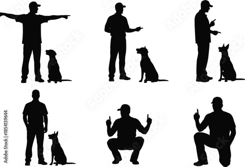 Silhouette of dog training poses, black illustration, obedience commands, pet communication, kneeling gesture, pointing, seated dog, interaction, discipline
