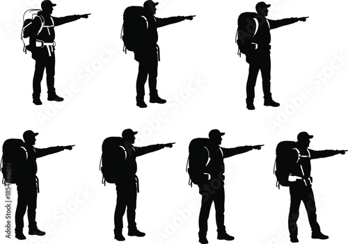 Silhouette of hikers pointing ahead, black illustration, outdoor exploration, backpack gear, direction gesture, cap, trail guide, adventure pose
