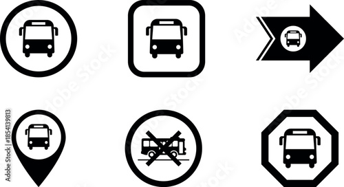 Bus icons set – round and square symbols, map pin marker, right arrow direction and no bus sign – vector