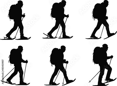 Silhouette of snowshoeing trekker, winter hiking motion, black illustration, walking poles, backpack gear, outdoor activity, cold weather, nature, endurance, steps