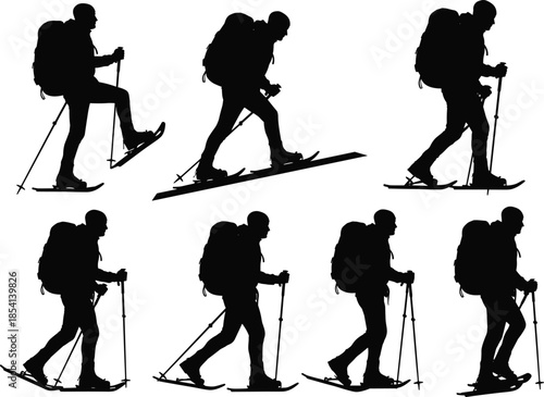 Silhouette of snowshoer in motion, black illustration, winter trekking, outdoor adventure, backpack gear, poles, cold terrain, hiking pose