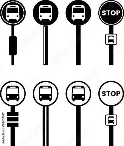 Bus stop sign icons set – round pole signs with bus symbol and STOP variants for public transit – black vector