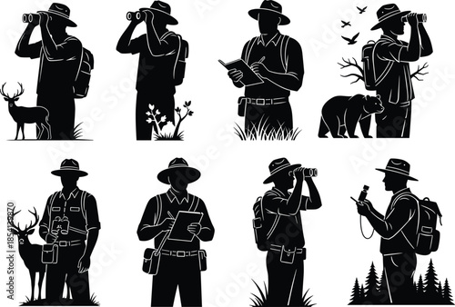 Silhouette of wildlife researchers and park rangers, black illustration, outdoor fieldwork, animal interaction, conservation gear, binoculars, GPS, nature