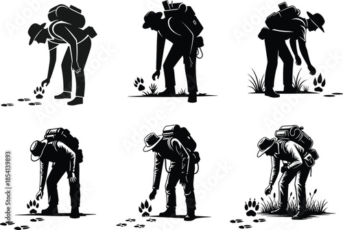 Silhouette of wildlife tracker inspecting animal footprints, black illustration, outdoor exploration, survival skill, nature research, tracking pose, backpack