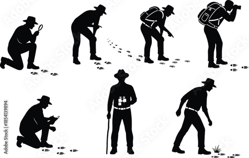 Silhouette of wildlife trackers inspecting animal footprints, black illustration, outdoor research, tracking tools, magnifying glass, binoculars, field notes, trail