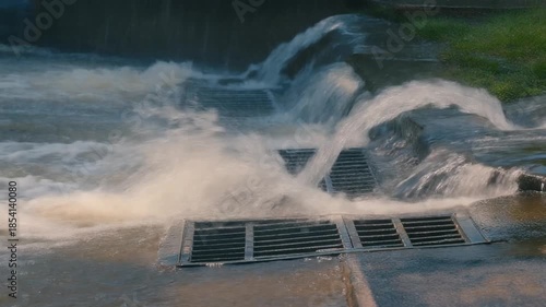Urban drainage overwhelmed by torrential rainfall, causing water to gush uncontrollably over street grates and down concrete steps during a severe storm, highlighting infrastructure strain