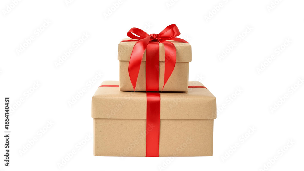 Obraz premium Stacked Gift Boxes with Red Ribbon PNG Isolated on Transparent Background