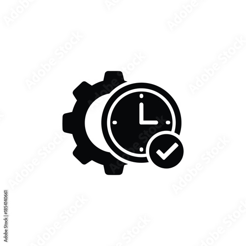 Business Process Automation Gear Clock Icon. Efficiency Automation Gear to Checkmark. Time Efficiency Process Symbol.