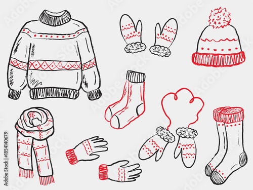 Hand drawn winter clothing set. Vector sketch illustration in vintage crayon charcoal style with red accents. Sweater, mittens, hat, socks, scarf, and gloves for cozy seasonal fashion. Christmas set