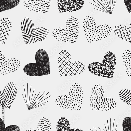 Hand drawn seamless pattern of textured hearts with stripes, dots, waves, and grids. Vector sketch illustration in vintage crayon charcoal style. Wrapping paper design, Valentines day, love