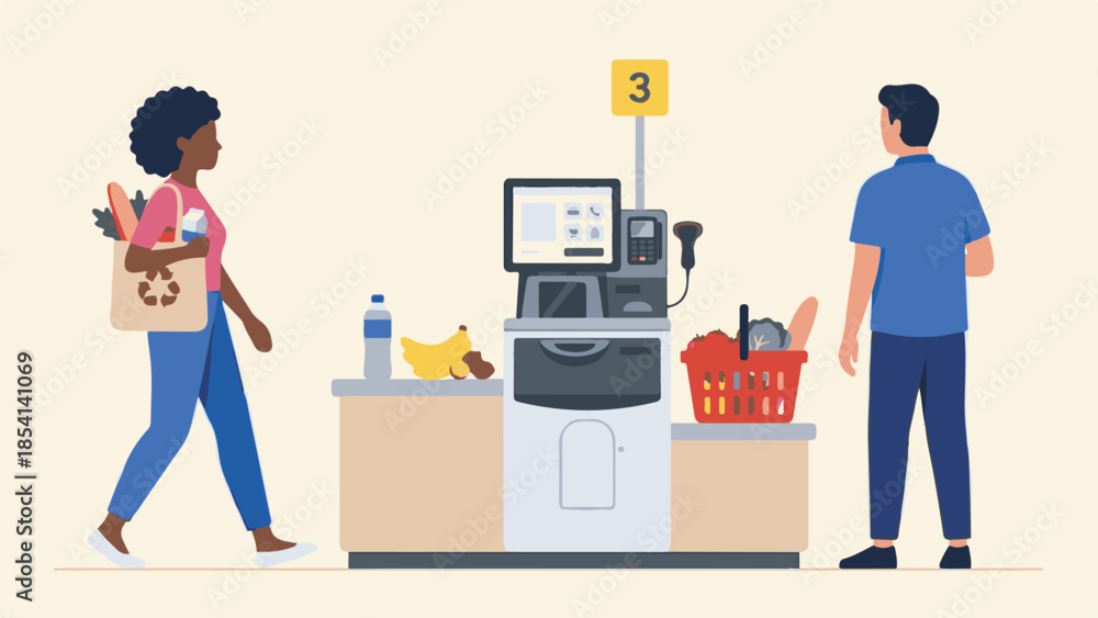 Obraz premium Diverse customers using self-checkout at a modern grocery store
