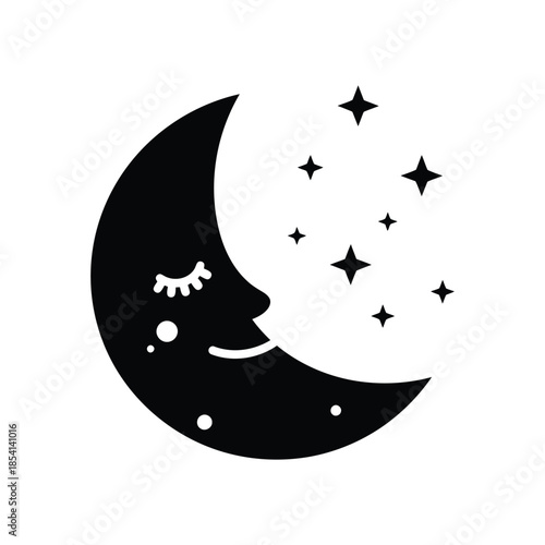 Black crescent moon with sleeping face and stars on white background night