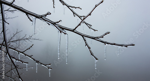 Close-up of icicles hanging from bare tree branch on foggy winter day with gray background