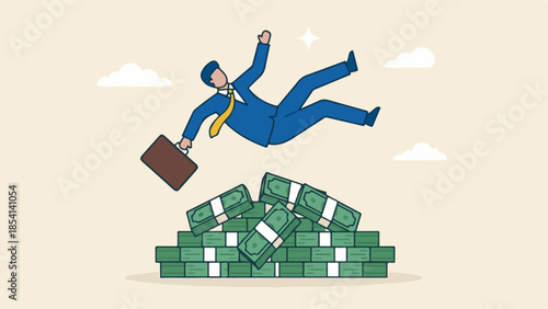 Successful businessman lands on a stack of cash, financial achievement