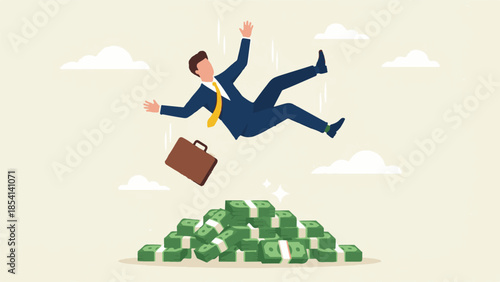 Businessman falling onto a pile of money, business financial success concept