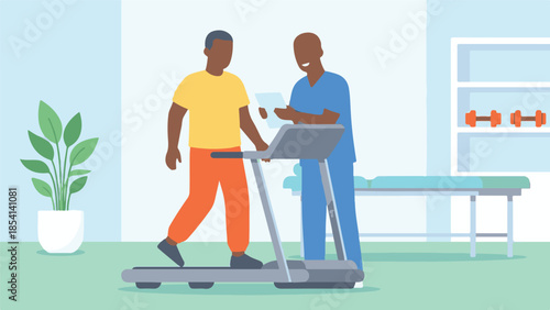 Physical therapist assisting male patient on a treadmill in rehabilitation