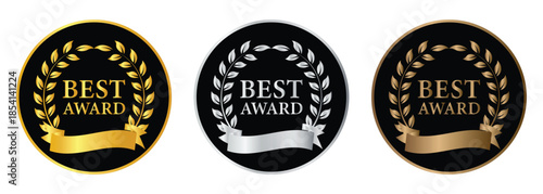 Set of three vector illustrations Best Award seals. Emblems in gold, silver, and bronze  vector design.