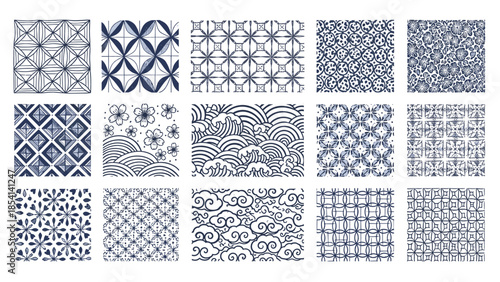 Collection of elegant blue and white geometric patterns and floral designs