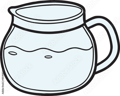 Vector illustration of a glass of milk and ceramic jug container for breakfast beverage design featuring a cartoon food object icon
