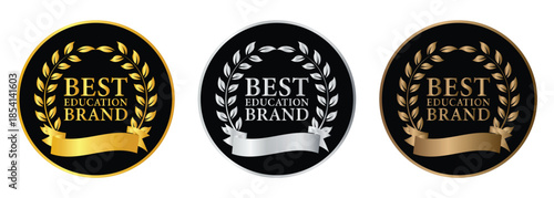 Three variations  award label featuring the text Best education brand. Best education brand vector design set.