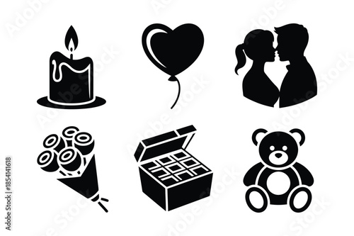 Romantic Valentine Day Icons with Heart and Rose Silhouettes