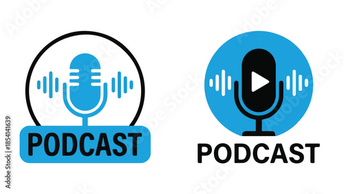 Podcast icon set featuring microphones and sound waves for digital audio media