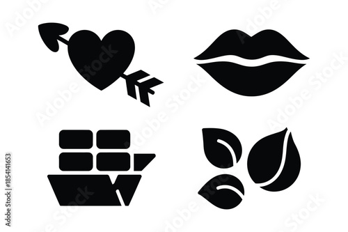 Abstract Icon Set with Heart Lips Cargo Ship and Leaves