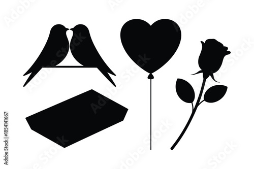 Romantic Silhouettes with Lovebirds Rose and Heart Balloon