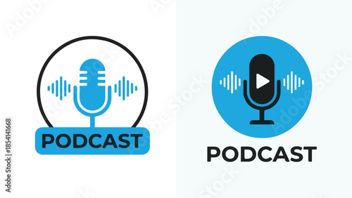 Podcast logo set with microphone, sound waves, and play icons in blue