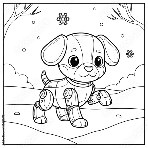 Cute Robot Puppy in Winter Scene – Adorable Cartoon Dog Illustration for Coloring and Kids Activities
