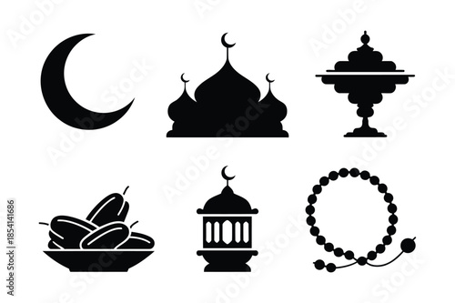 Religious Ramadan Icon Set with Mosque and Lantern Symbols