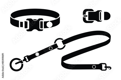 Dog Collar and Leash Pet Accessories Silhouette Icon Set