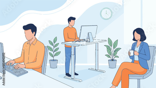 Modern office workspace with business people working and taking a break