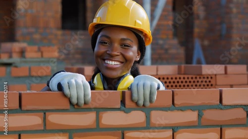 Joyful Black woman construction worker smiling confidently at a building site, proud of her newly completed brickwork