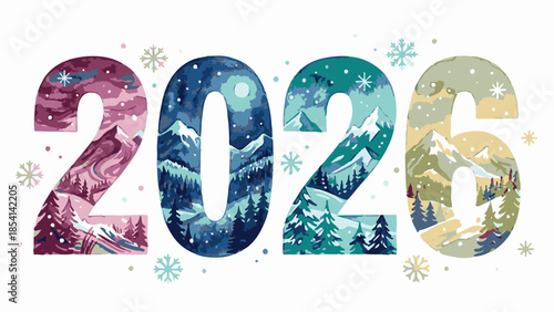 Watercolor illustration of 2026 with winter mountain landscapes