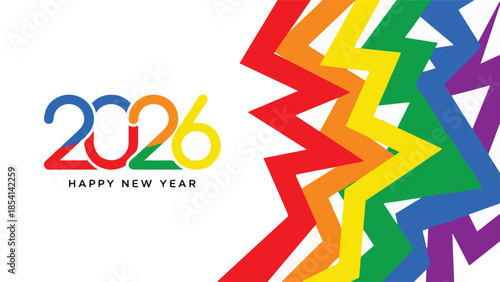 Happy New Year 2026 greeting card with colorful abstract rainbow design