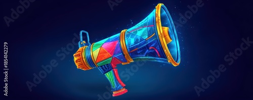 A vibrant, colorful megaphone against a dark background, symbolizing communication and expression.