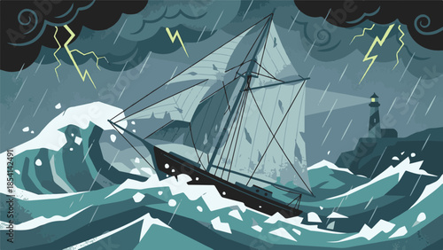 Sailboat in stormy sea with lightning, rain, and a guiding lighthouse