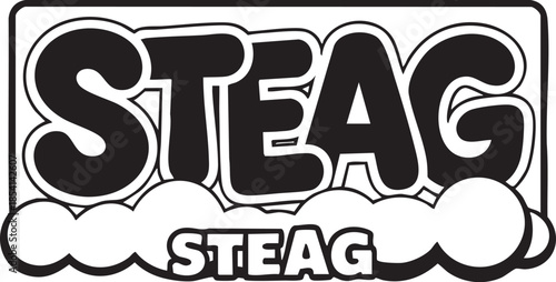 Bold 'steag' logo with cartoonish clouds and yellow highlight, perfect for branding and graphic design projects