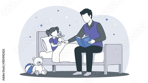 Father reading bedtime story to his daughter in bed, minimalist illustration