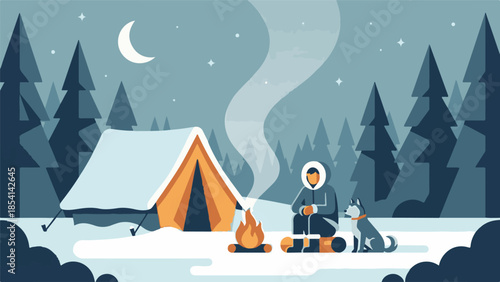 Minimalist illustration of winter night camping with person, dog, and campfire