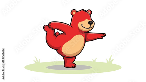Red cartoon bear performing a dancer yoga pose with a happy smile
