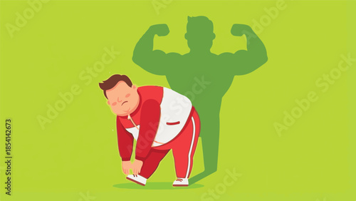 Overweight man stretching with muscular shadow symbolizing fitness goals