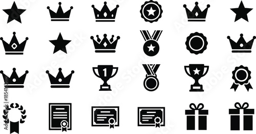 A collection of black silhouette icons featuring awards and recognition symbols