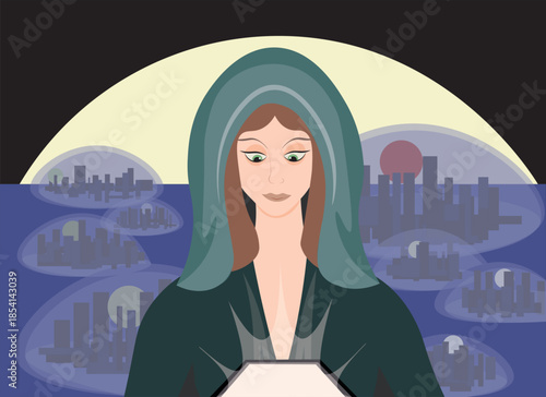 Hooded Girl Looking at Tablet with Futuristic City Domes at Dawn