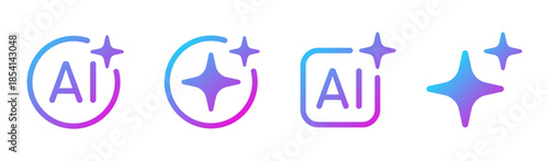 AI star icon set. Artificial intelligence symbol. Gradient blue purple digital AI robot sign. Magic star smart assistant sign. Modern design element. Vector illustration isolated on white background.