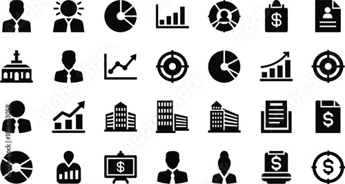 Business finance silhouette icons set with charts graphs and money symbols